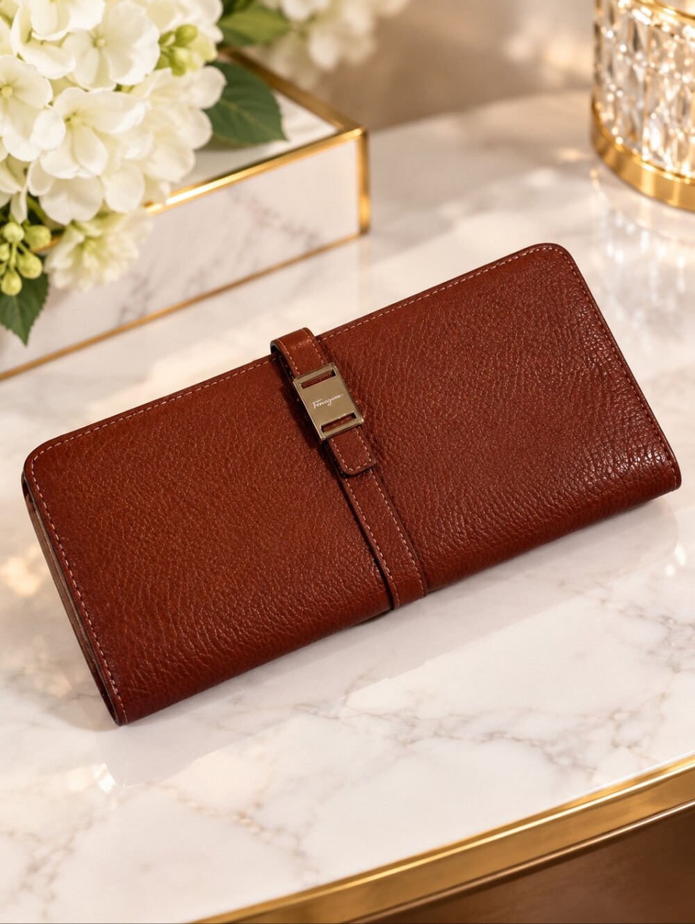Salvatore Ferragamo Women’s Brown Leather Continental Bifold Wallet- 7x3 Inches